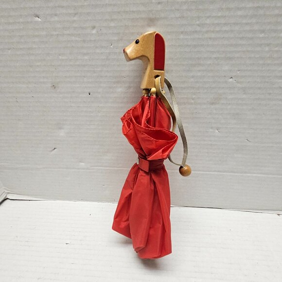 Vintage Child Kid Boy Girl Totes Umbrella Wood Wooden Dog Puppy Head Handle Red - Picture 1 of 13